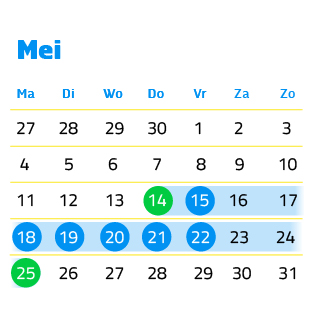Kalender met toelichting: 6 dagen verlof, 12 dagen vrij in mei